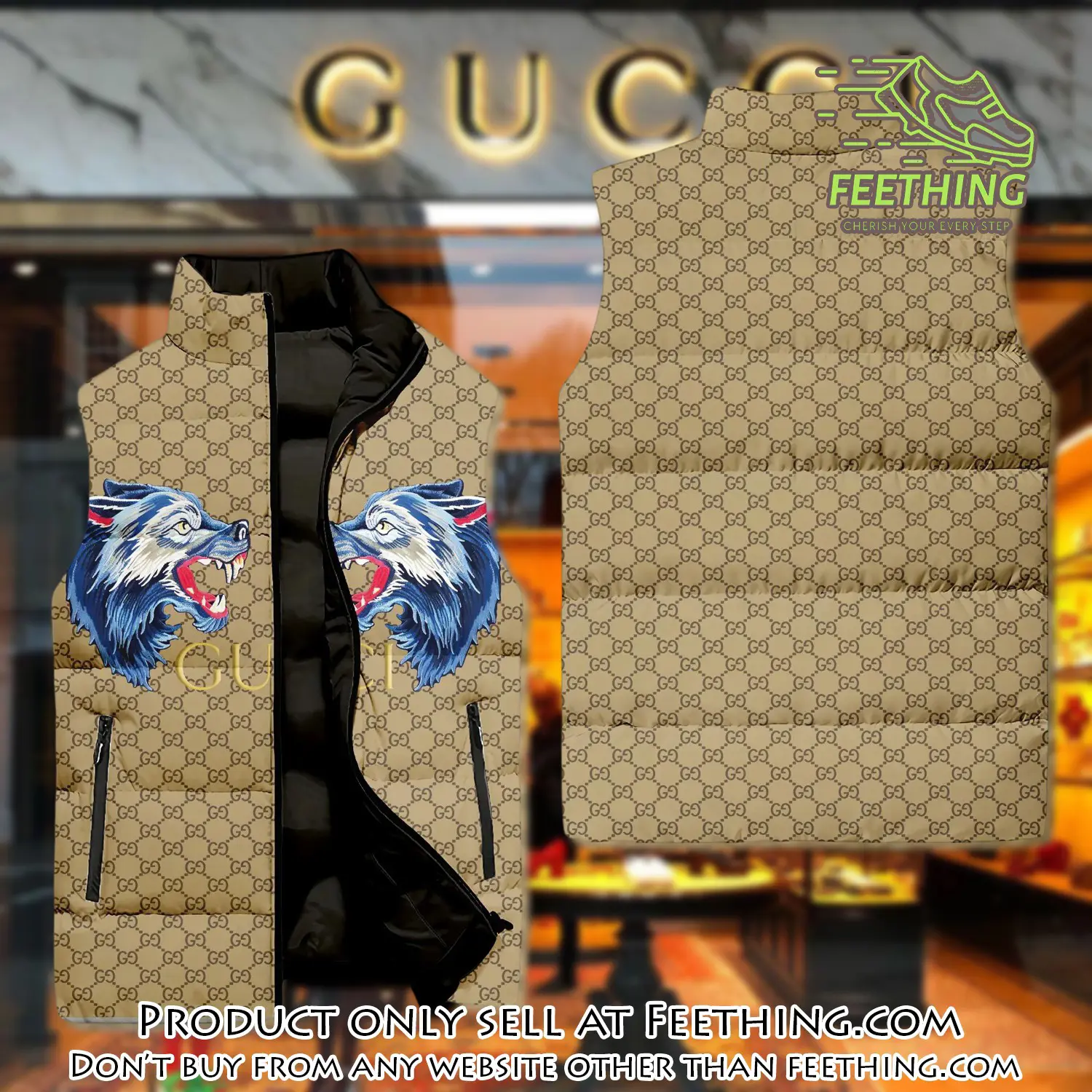 Gucci wolf yellow monogram luxury brand 3d sleeveless down jacket ft5613217